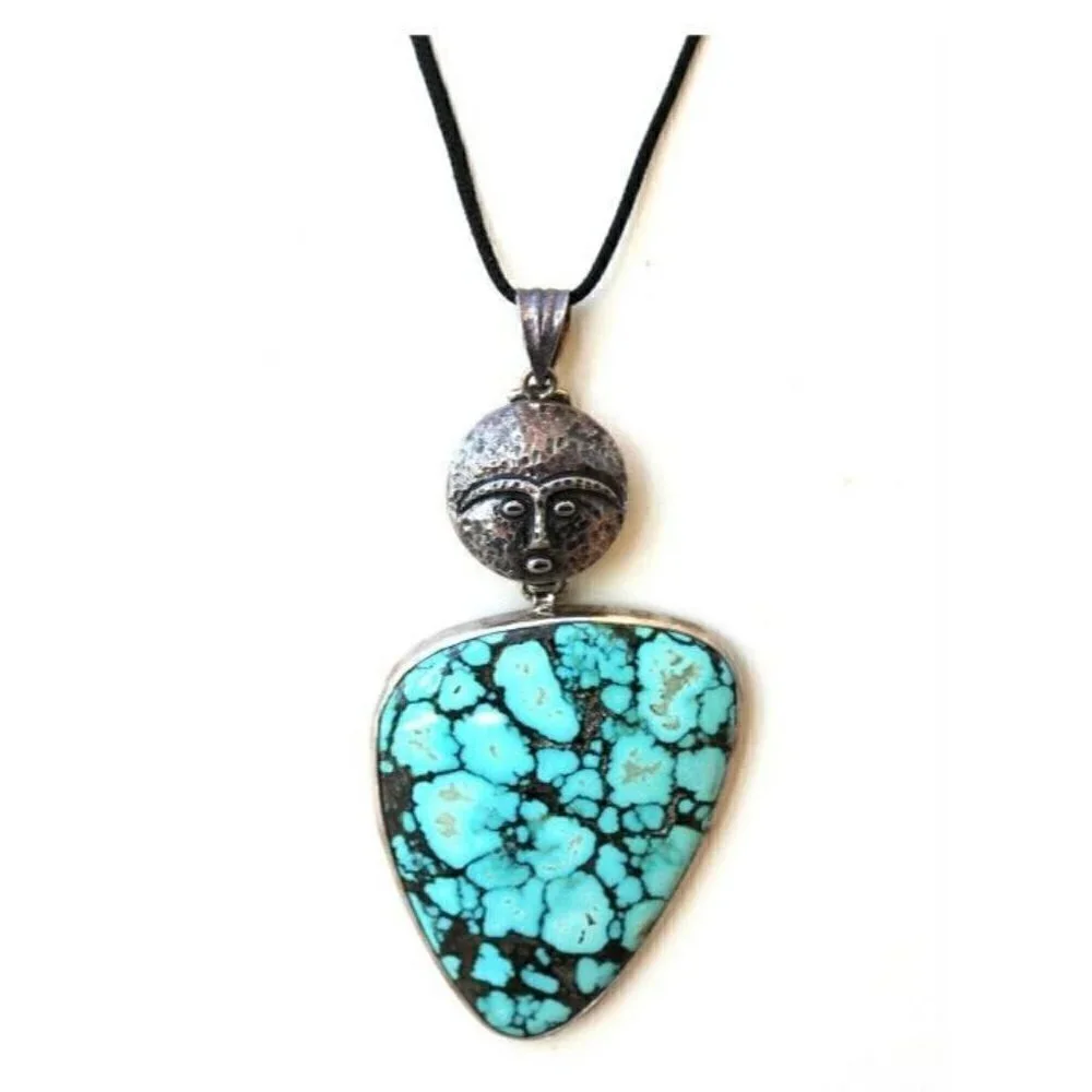 Women's Turquoise Sterling Silver Round Sun Face Black Cord Artisan Necklace
